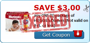 Save $3.00 any ONE (1) package of HUGGIES Diapers (Not valid on 9 ct. or less)