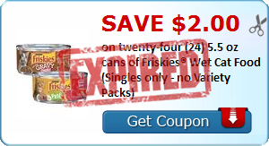 Save $2.00 on twenty-four (24) 5.5 oz cans of Friskies® Wet Cat Food (Singles only - no Variety Packs)